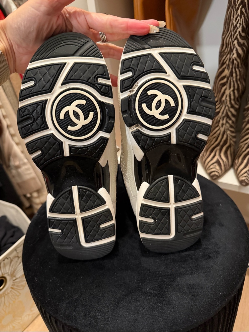 CHANEL Cream & Black Leather Chanel CC Logo Sneakers - Picture 12 of 14
